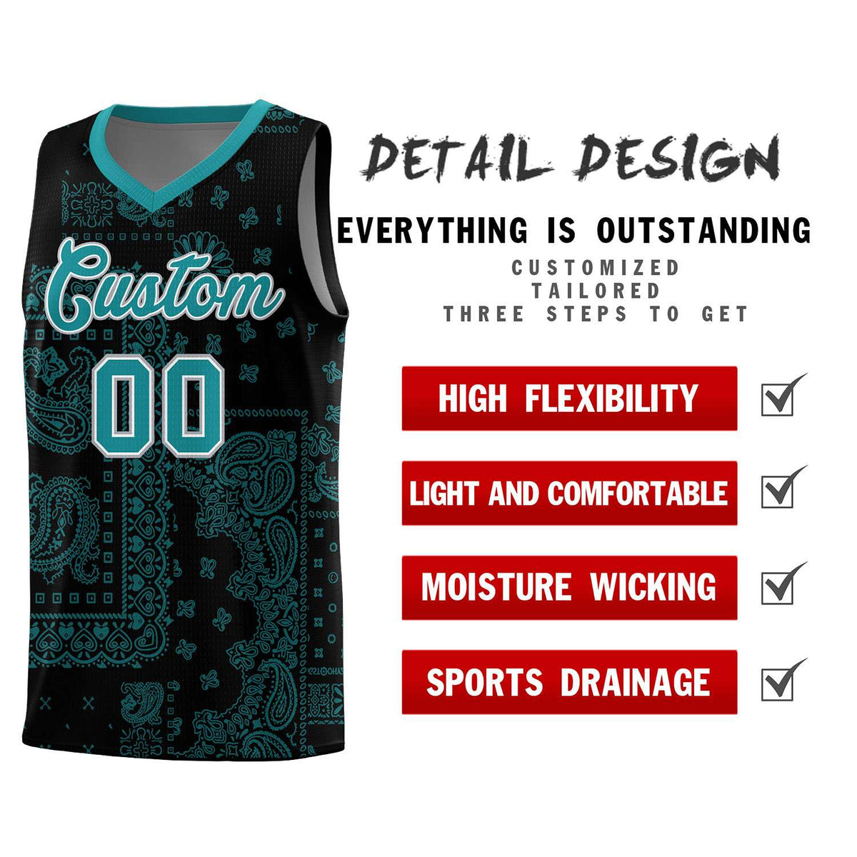 Custom Black Basketball Kits With Aqua Cashew Flower Print Pattern
