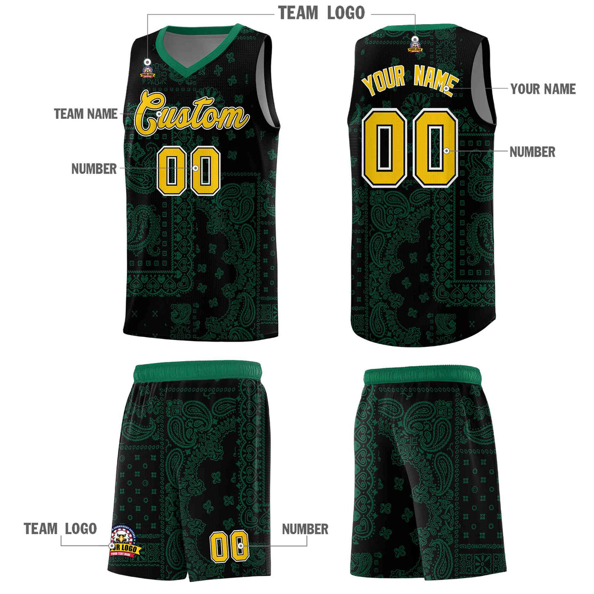 Custom Black Basketball Kits With Kelly Green Cashew Flower Print Pattern