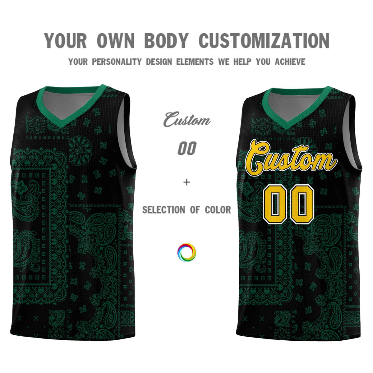 Custom Black Basketball Kits With Kelly Green Cashew Flower Print Pattern