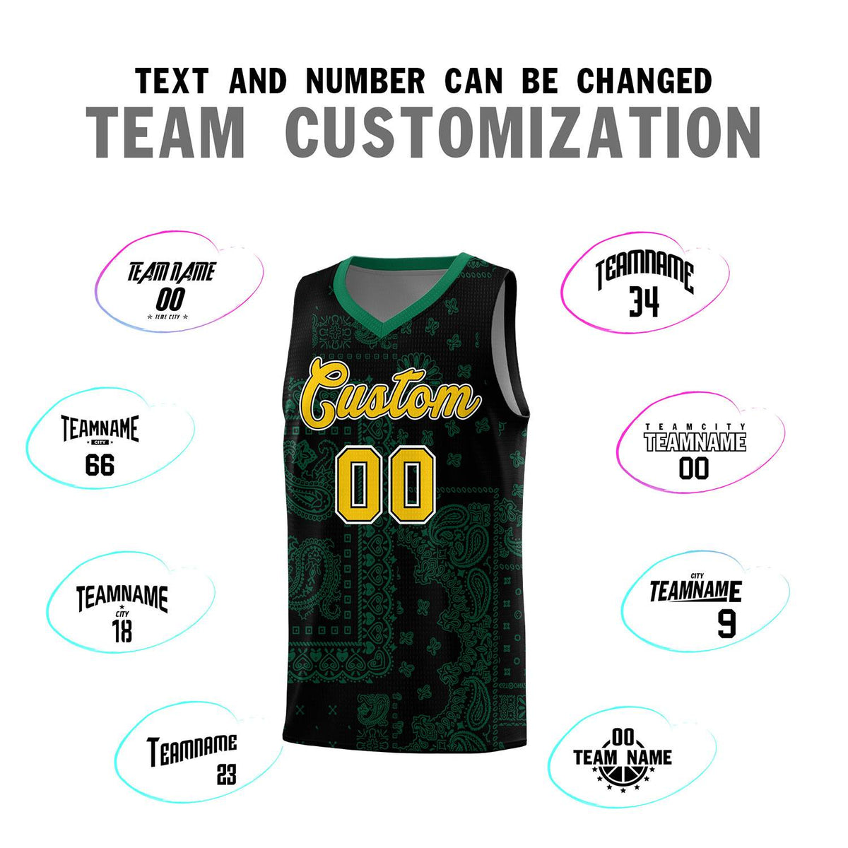 Custom Black Basketball Kits With Kelly Green Cashew Flower Print Pattern