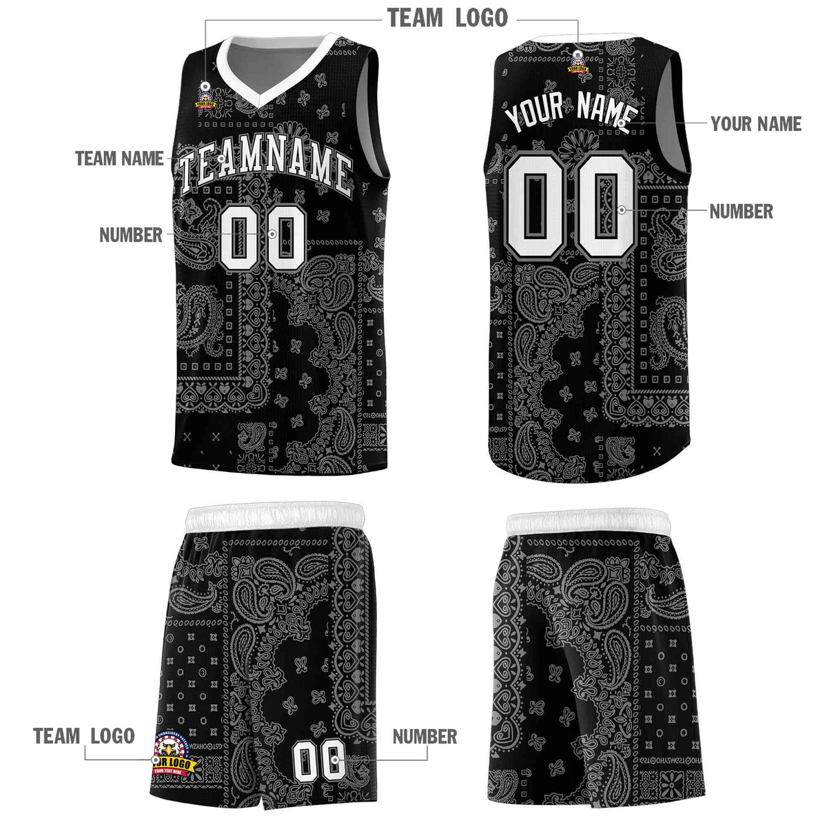 Custom Black Basketball Kits With White Cashew Flower Print Pattern