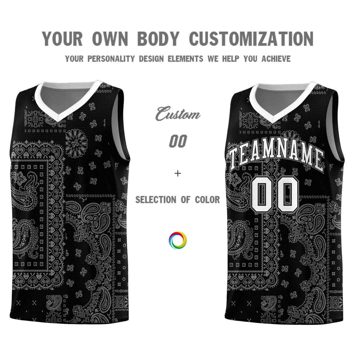 Custom Black Basketball Kits With White Cashew Flower Print Pattern