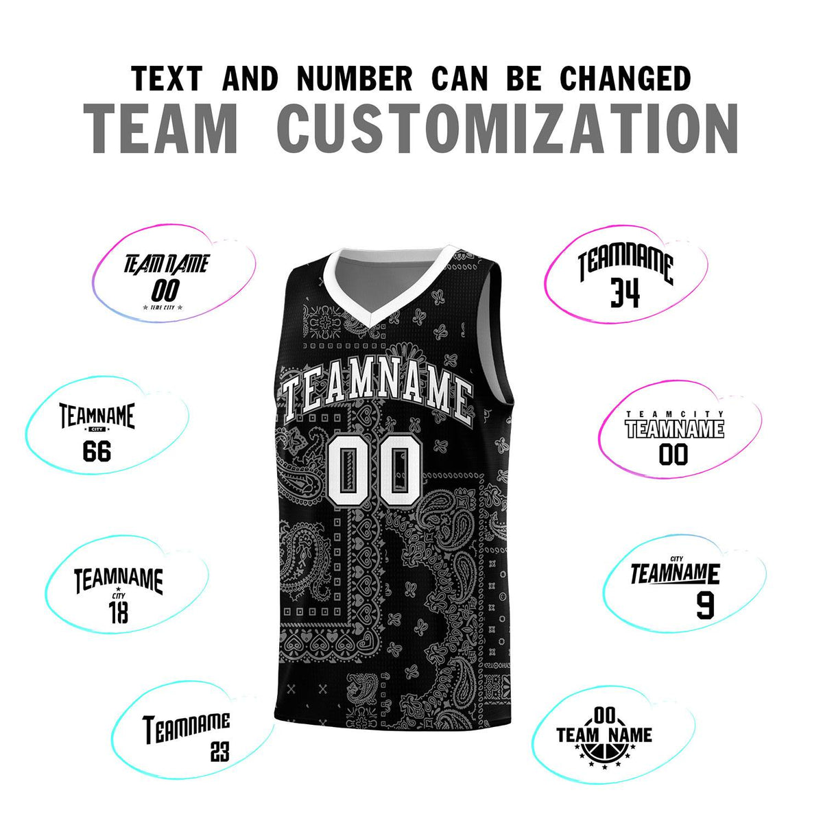 Custom Black Basketball Kits With White Cashew Flower Print Pattern
