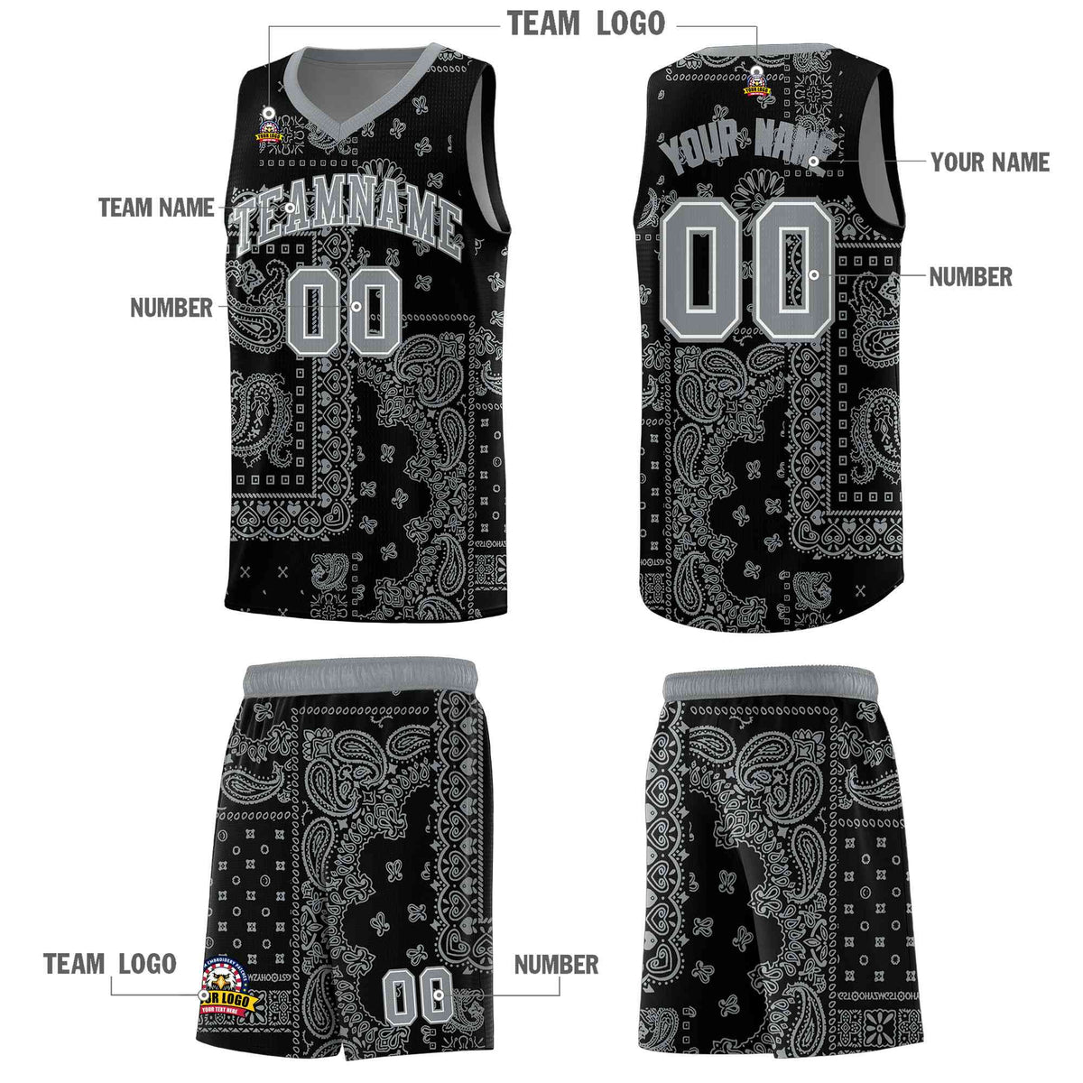 Custom Black Basketball Kits With Silver Cashew Flower Print Pattern