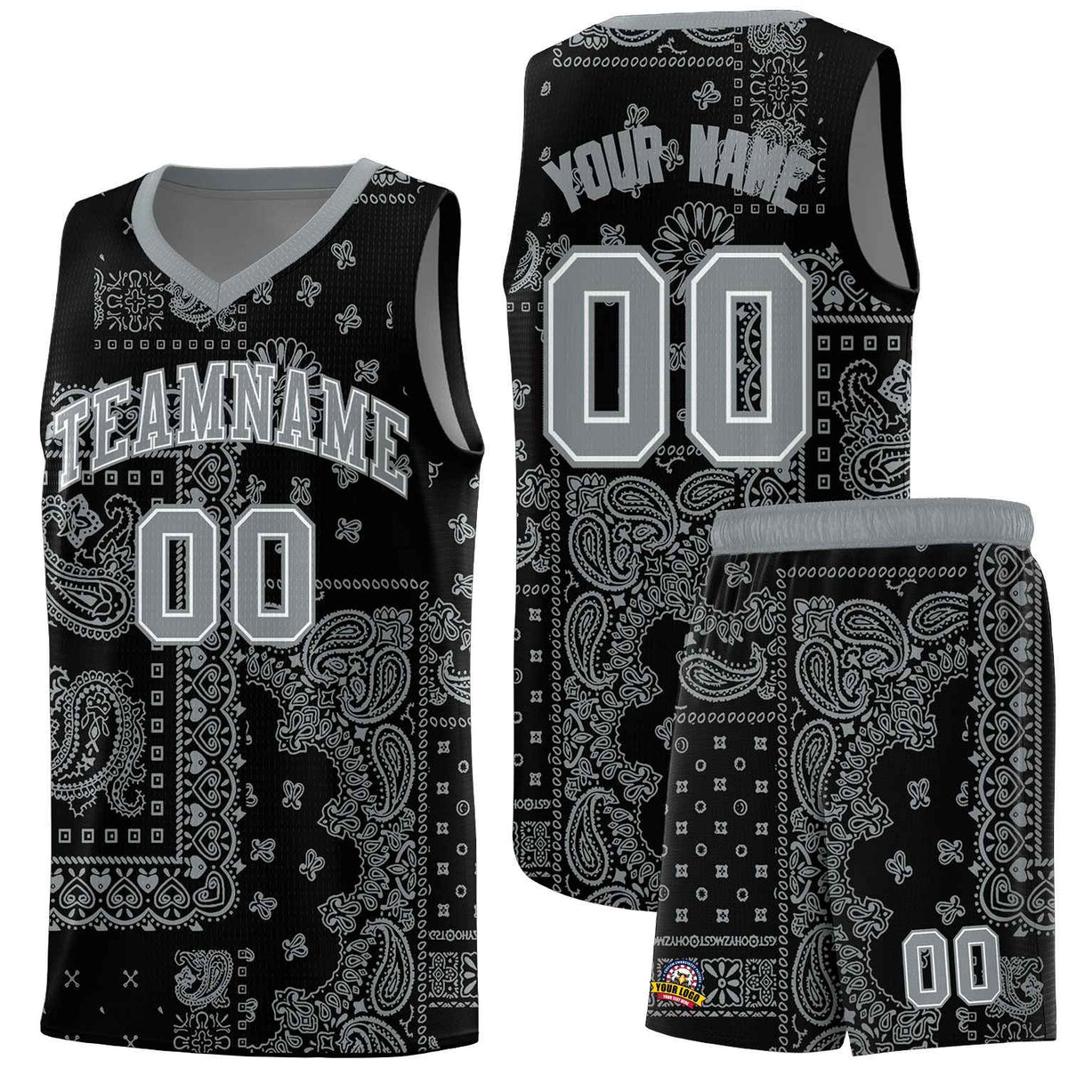 Custom Black Basketball Kits With Silver Cashew Flower Print Pattern