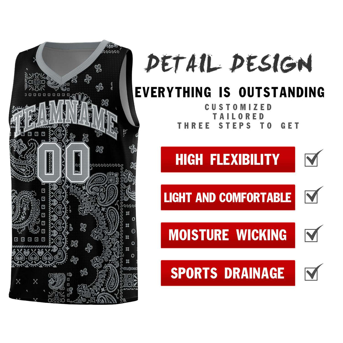 Custom Black Basketball Kits With Silver Cashew Flower Print Pattern
