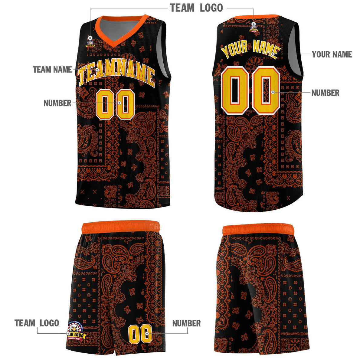 Custom Black Basketball Kits With Orange Cashew Flower Print Pattern