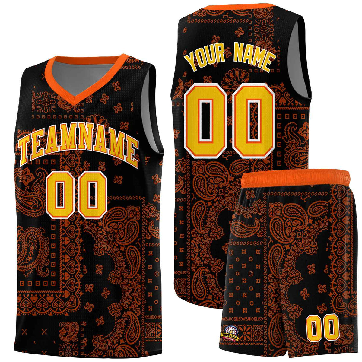 Custom Black Basketball Kits With Orange Cashew Flower Print Pattern