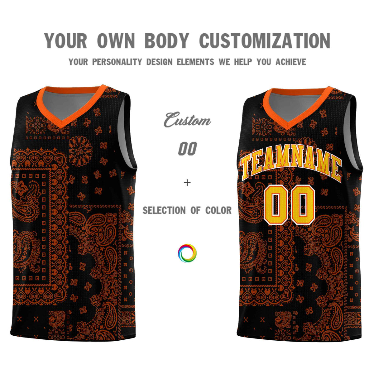Custom Black Basketball Kits With Orange Cashew Flower Print Pattern
