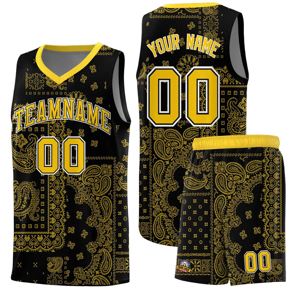 Custom Black Basketball Kits With Gold Cashew Flower Print Pattern