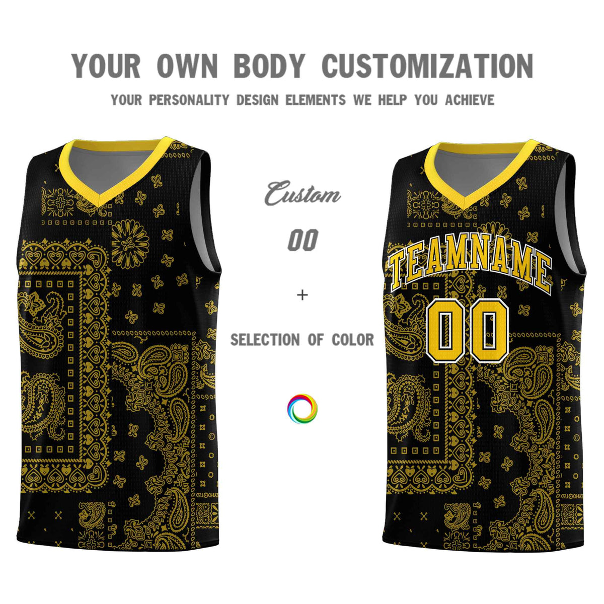 Custom Black Basketball Kits With Gold Cashew Flower Print Pattern