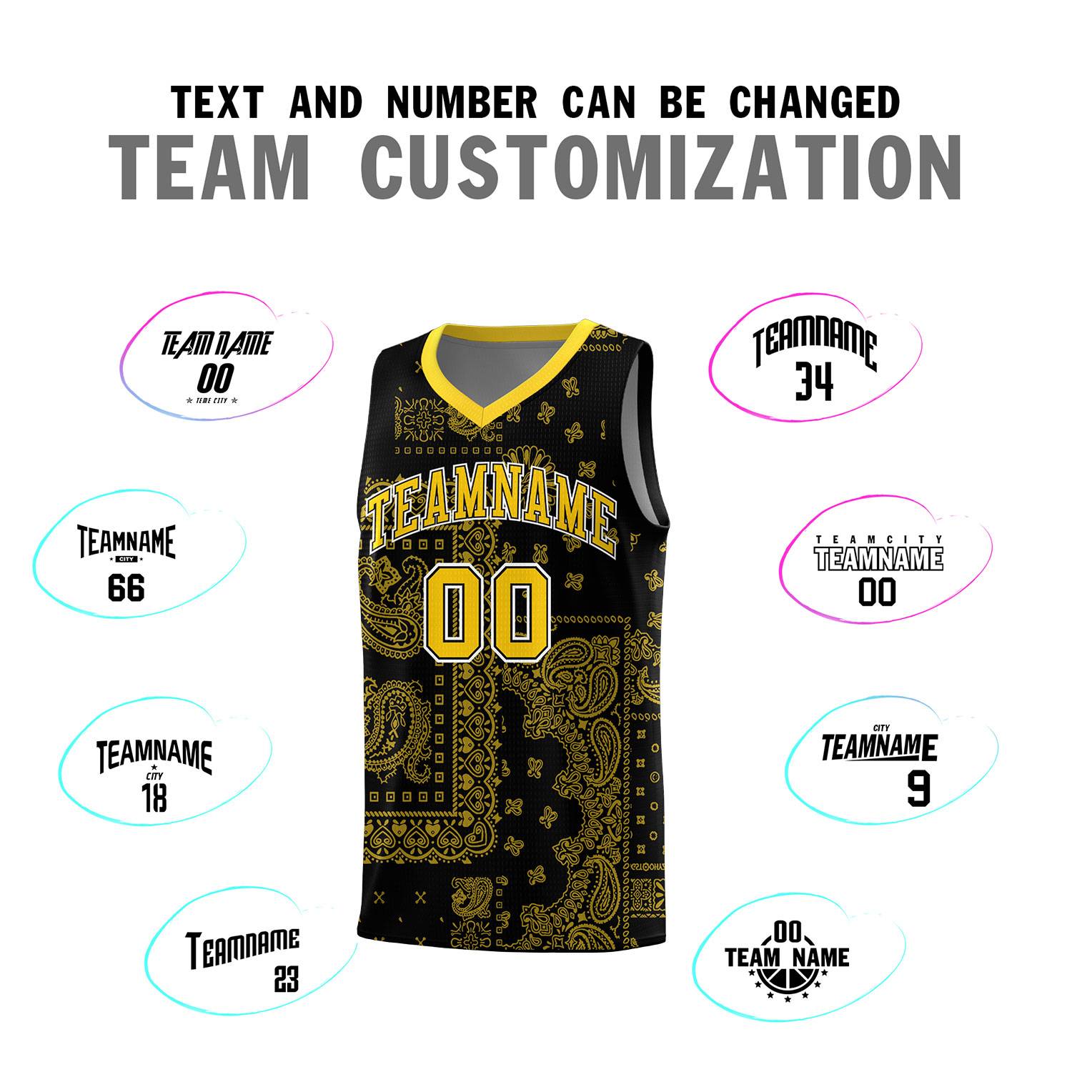 Custom Black Basketball Kits With Gold Cashew Flower Print Pattern