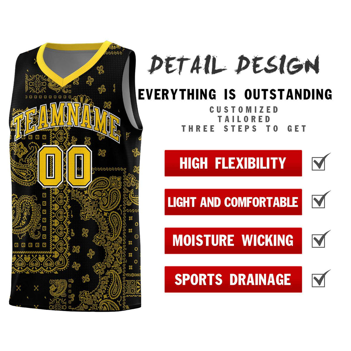 Custom Black Basketball Kits With Gold Cashew Flower Print Pattern