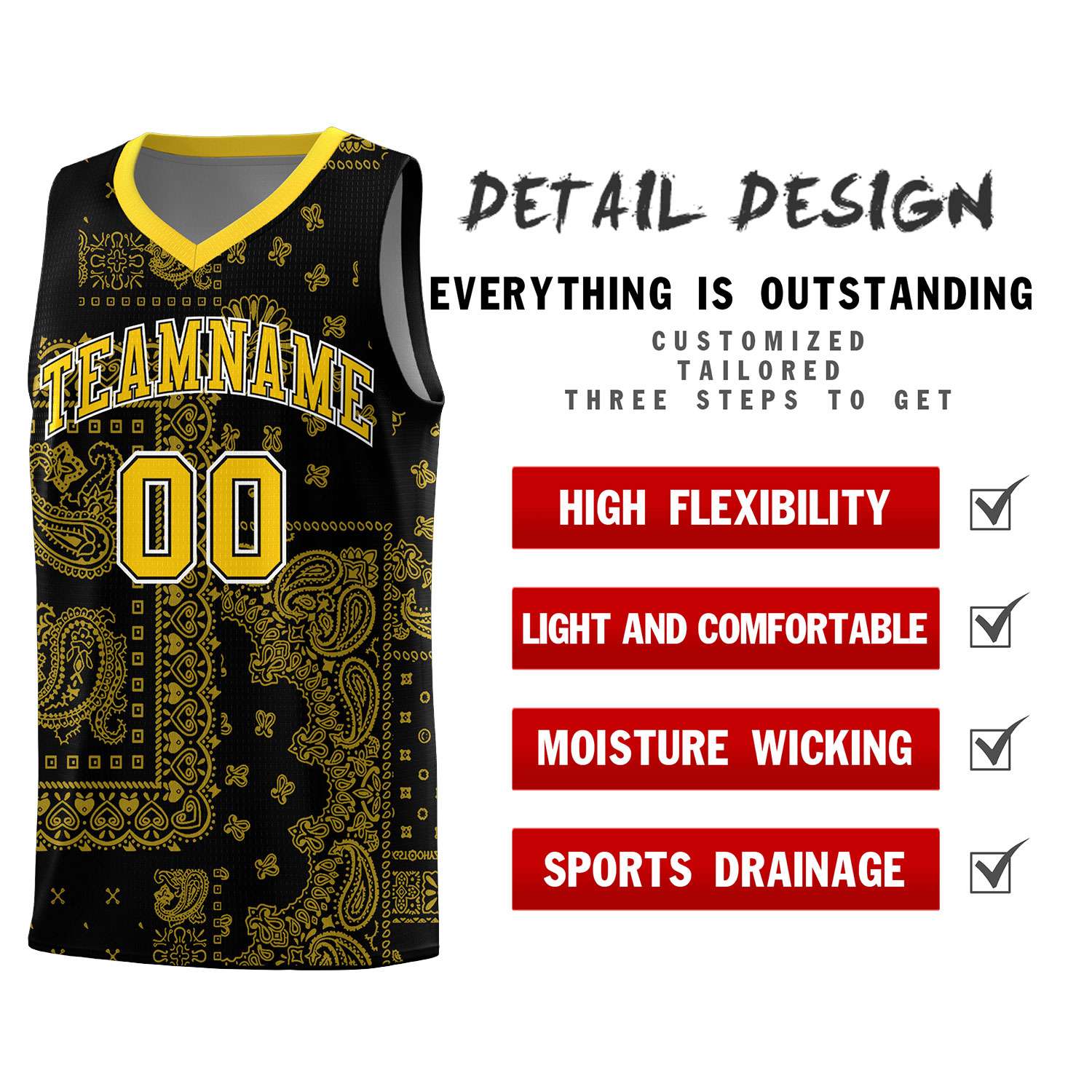 Custom Black Basketball Kits With Gold Cashew Flower Print Pattern