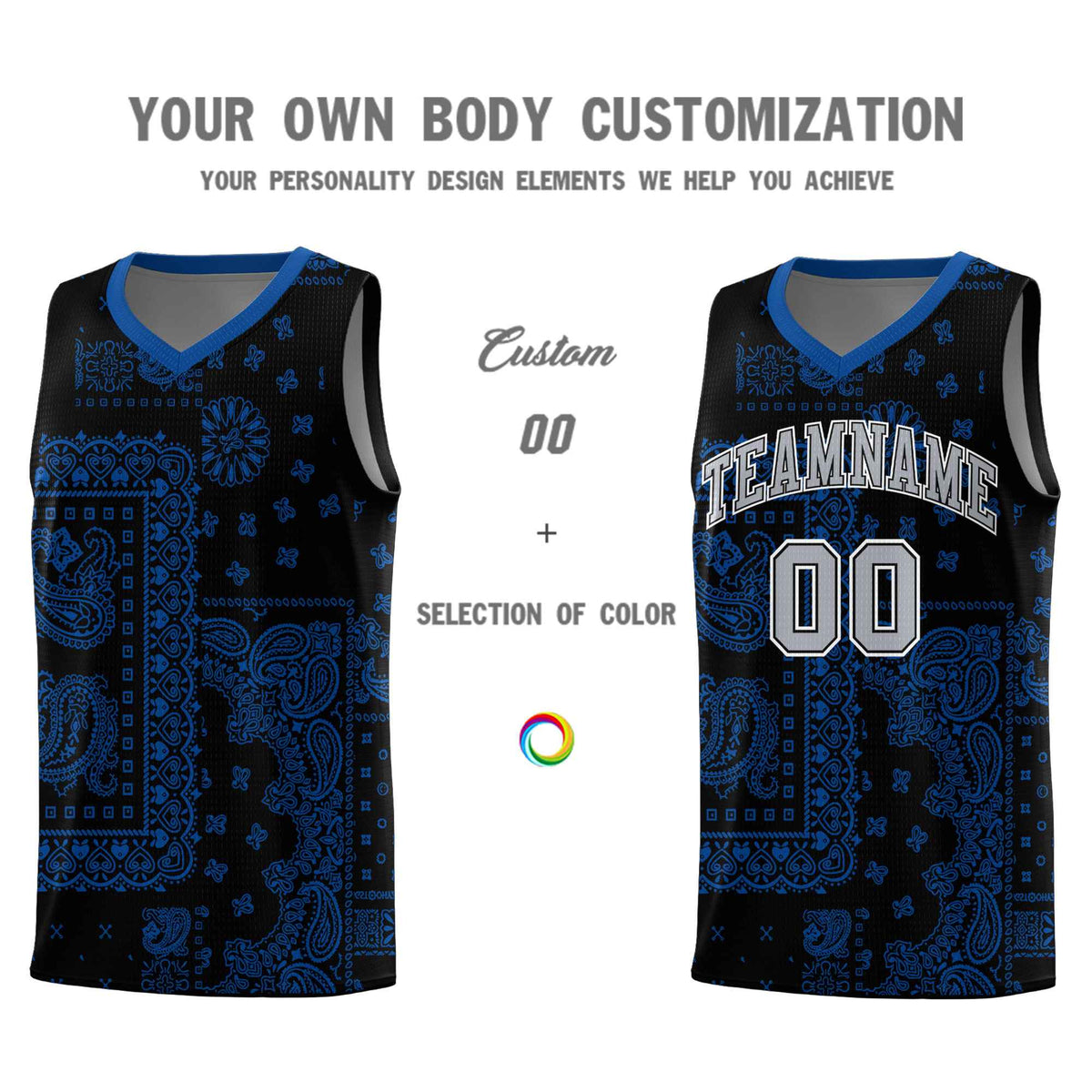 Custom Black Basketball Kits With Royal Cashew Flower Print Pattern