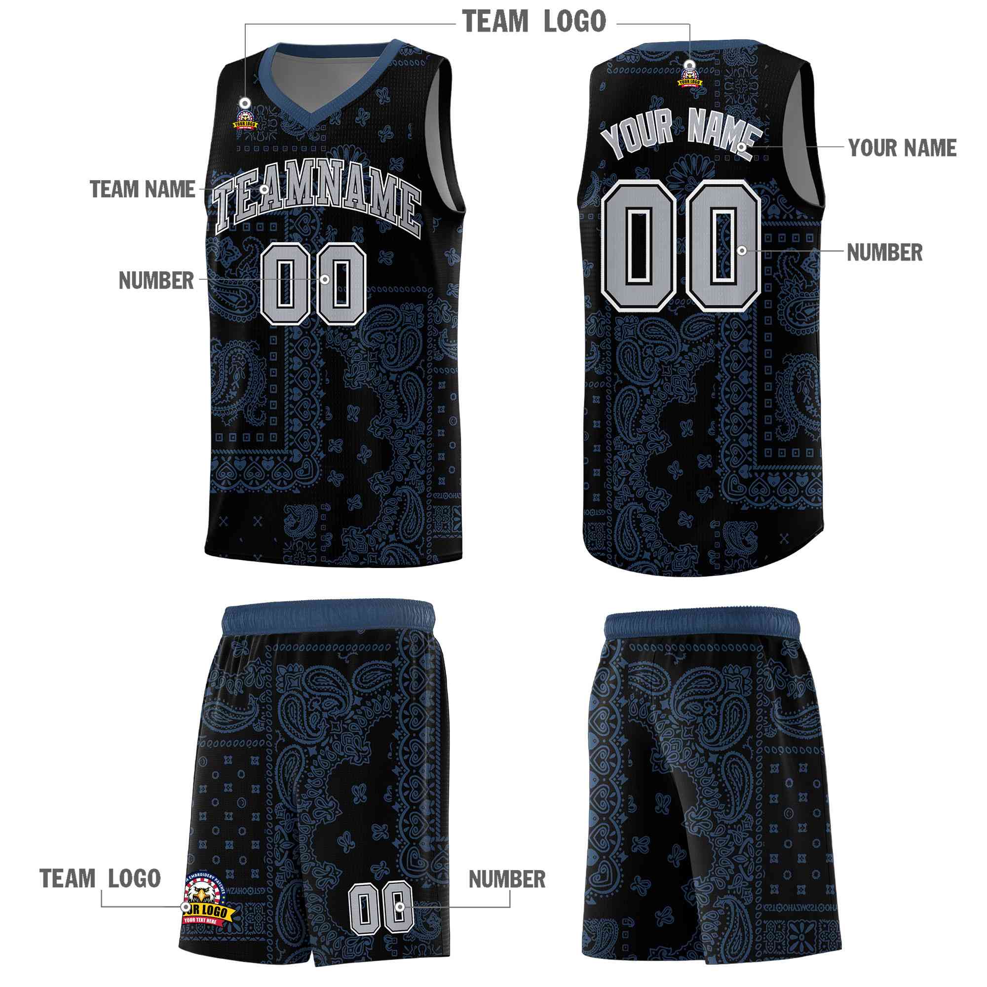 Custom Black Basketball Kits With Midnight Blue Cashew Flower Print Pattern