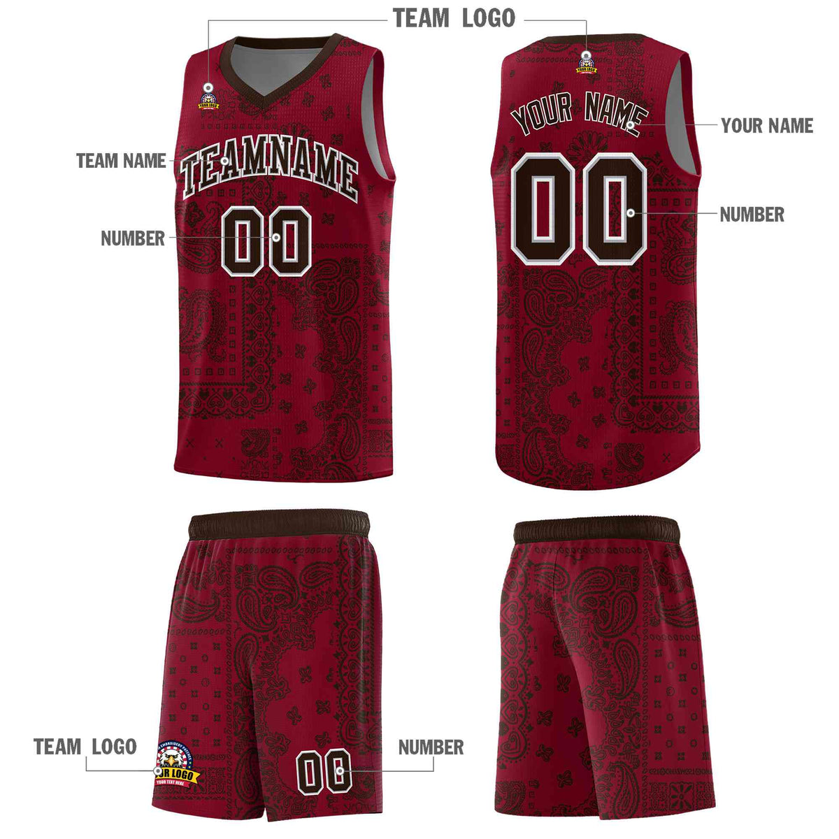 Custom Crimson Basketball Kits With Brown Cashew Flower Print Pattern