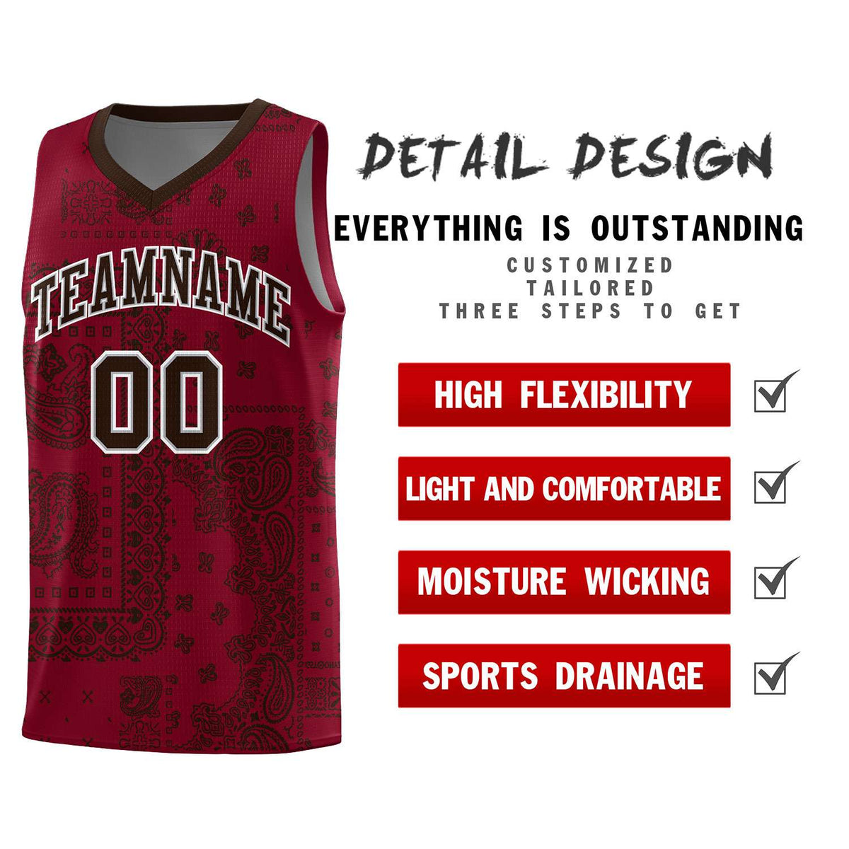 Custom Crimson Basketball Kits With Brown Cashew Flower Print Pattern