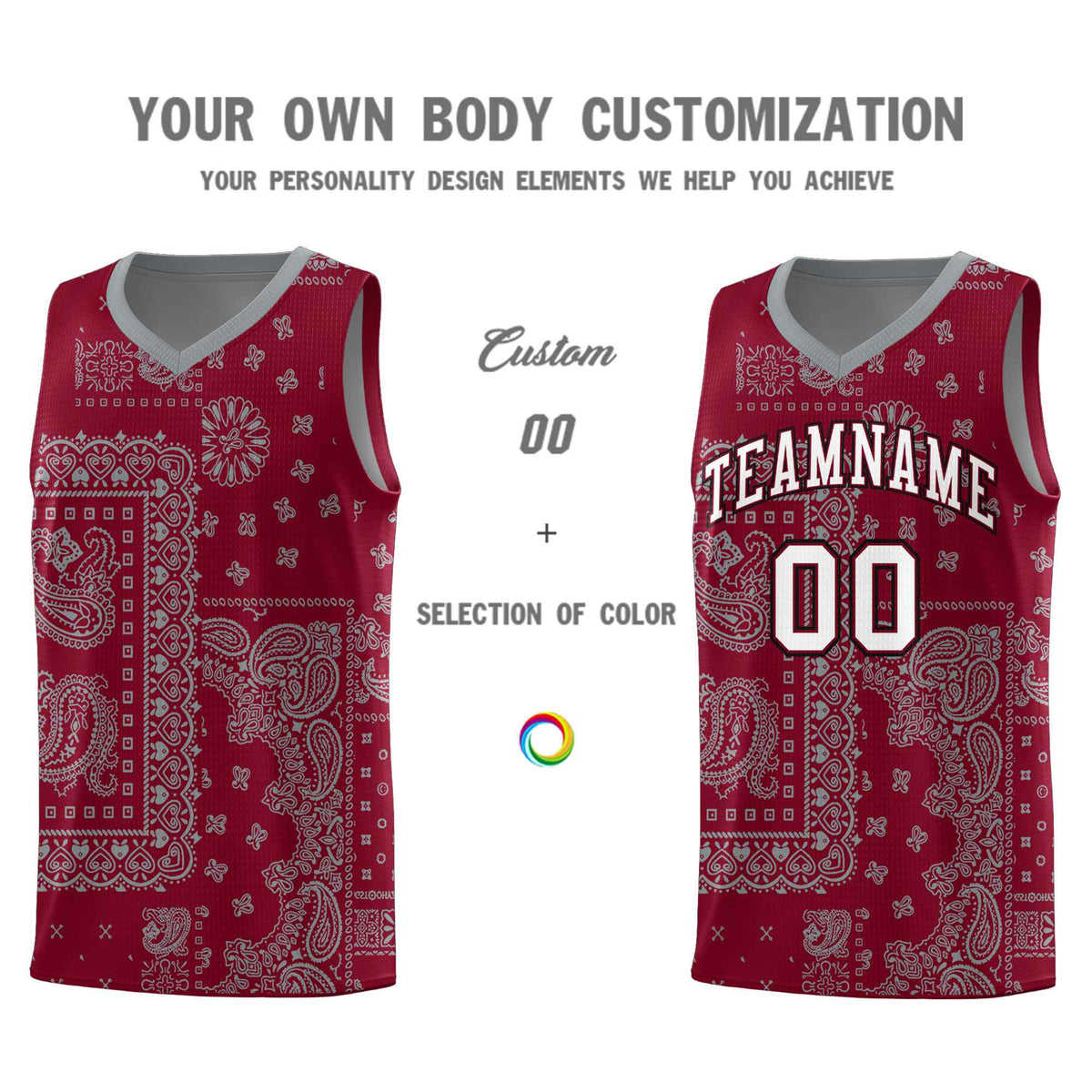 Custom Crimson Basketball Kits With Gray Cashew Flower Print Pattern