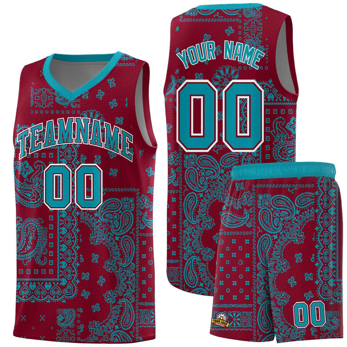 Custom Crimson Basketball Kits With Aqua Cashew Flower Print Pattern