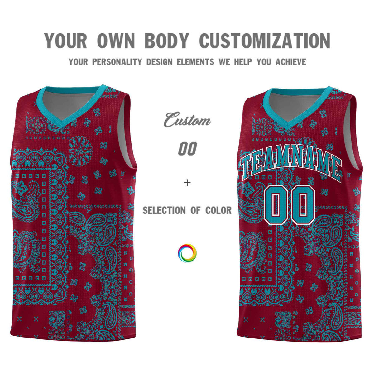 Custom Crimson Basketball Kits With Aqua Cashew Flower Print Pattern