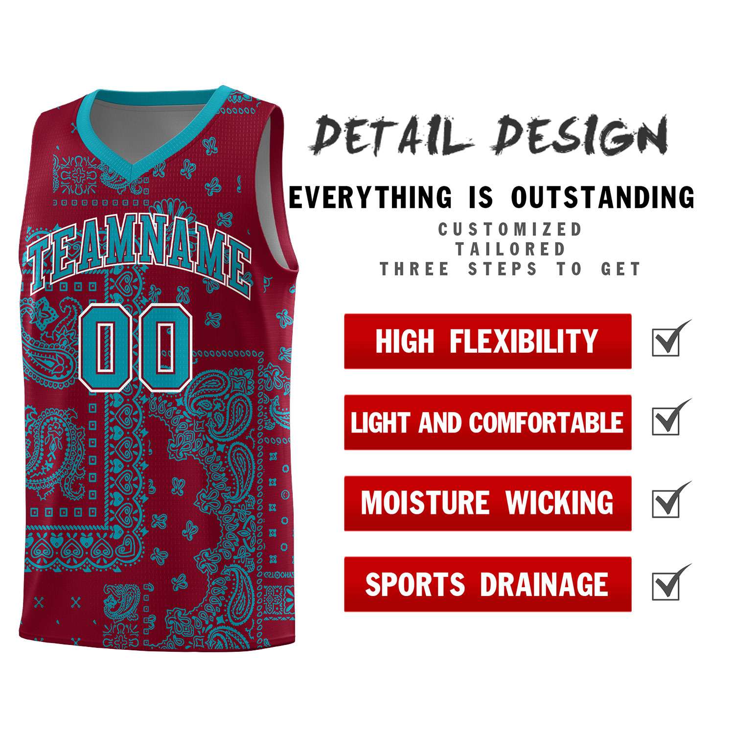 Custom Crimson Basketball Kits With Aqua Cashew Flower Print Pattern