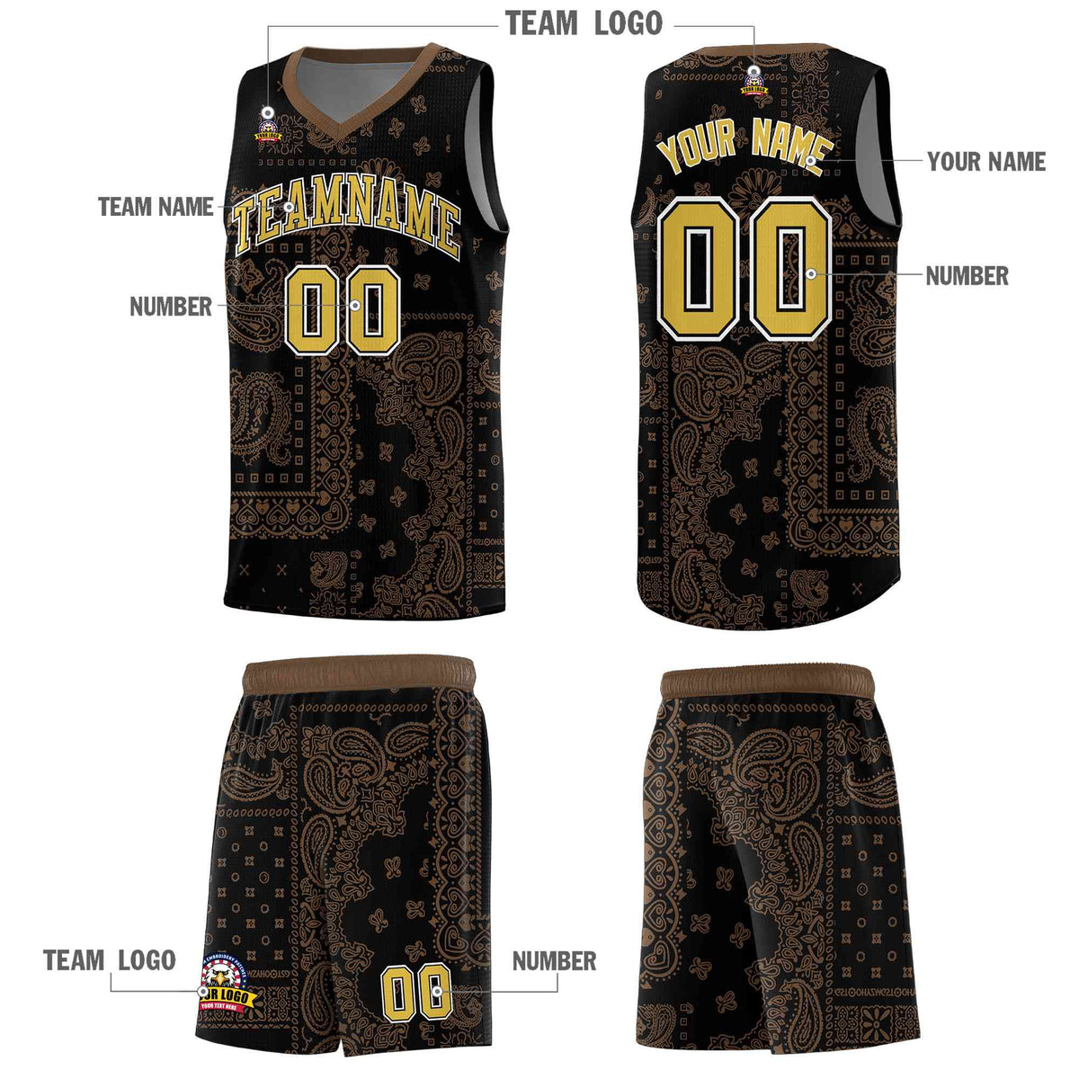 Custom Black Basketball Kits With Light Brown Cashew Flower Print Pattern
