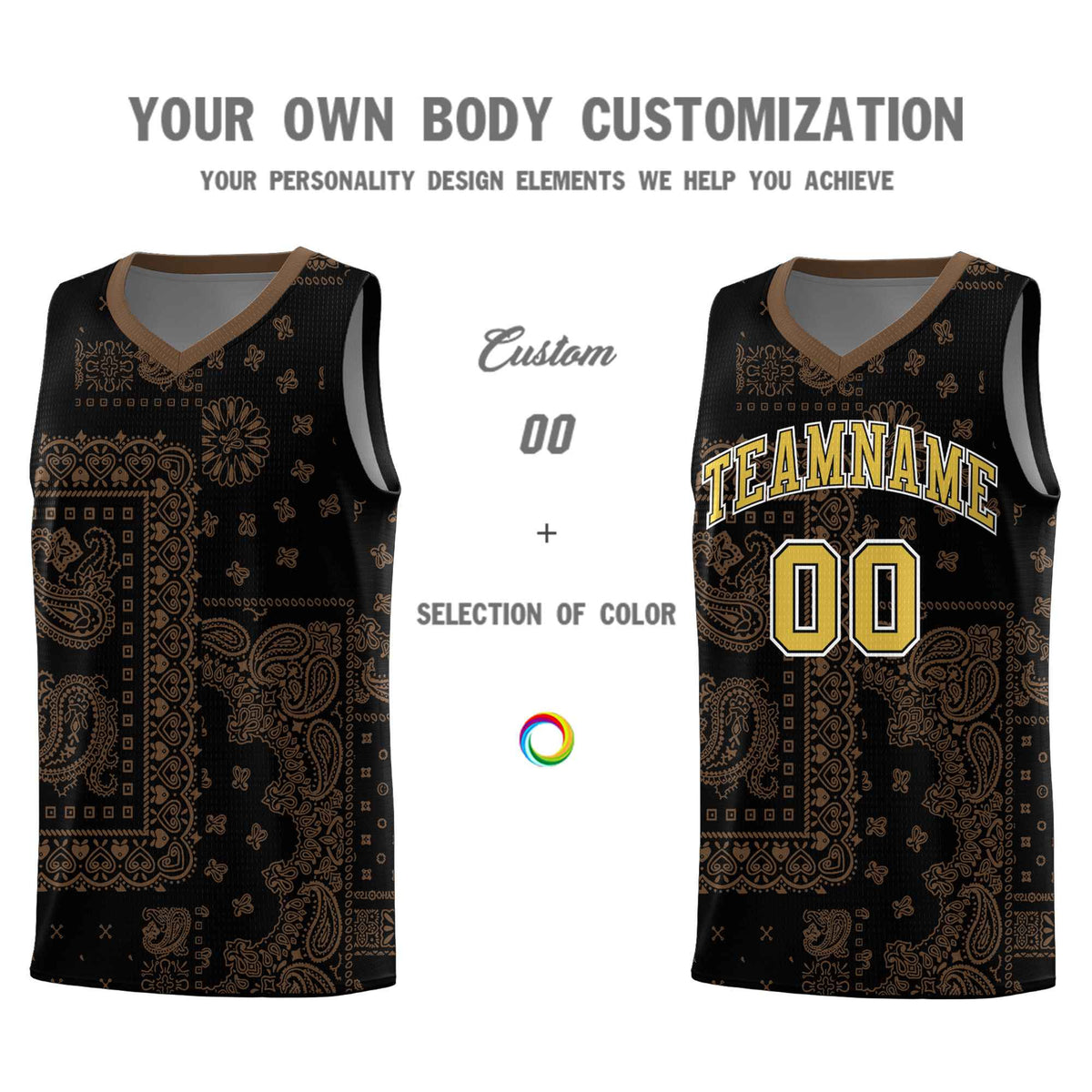 Custom Black Basketball Kits With Light Brown Cashew Flower Print Pattern