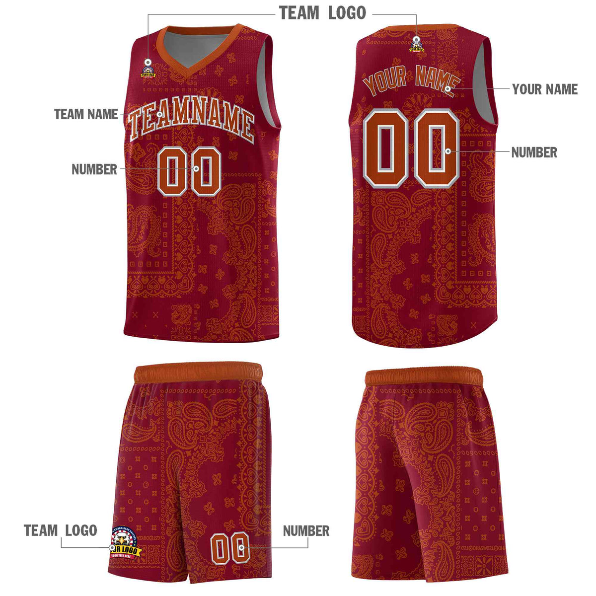 Custom Crimson Basketball Kits With Texas Orange Cashew Flower Print Pattern
