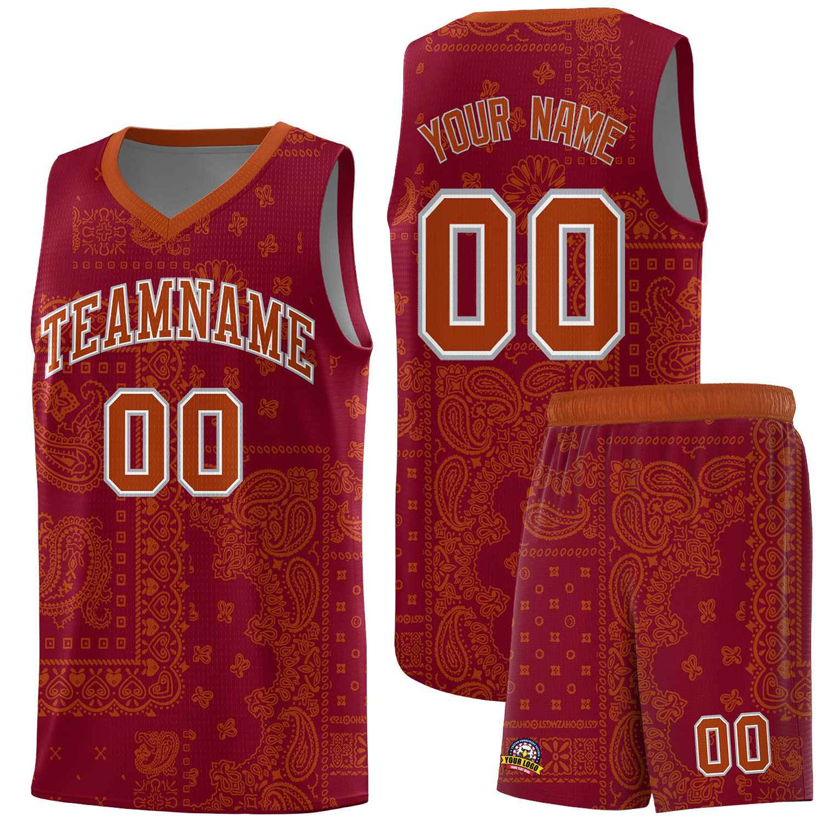 Custom Crimson Basketball Kits With Texas Orange Cashew Flower Print Pattern