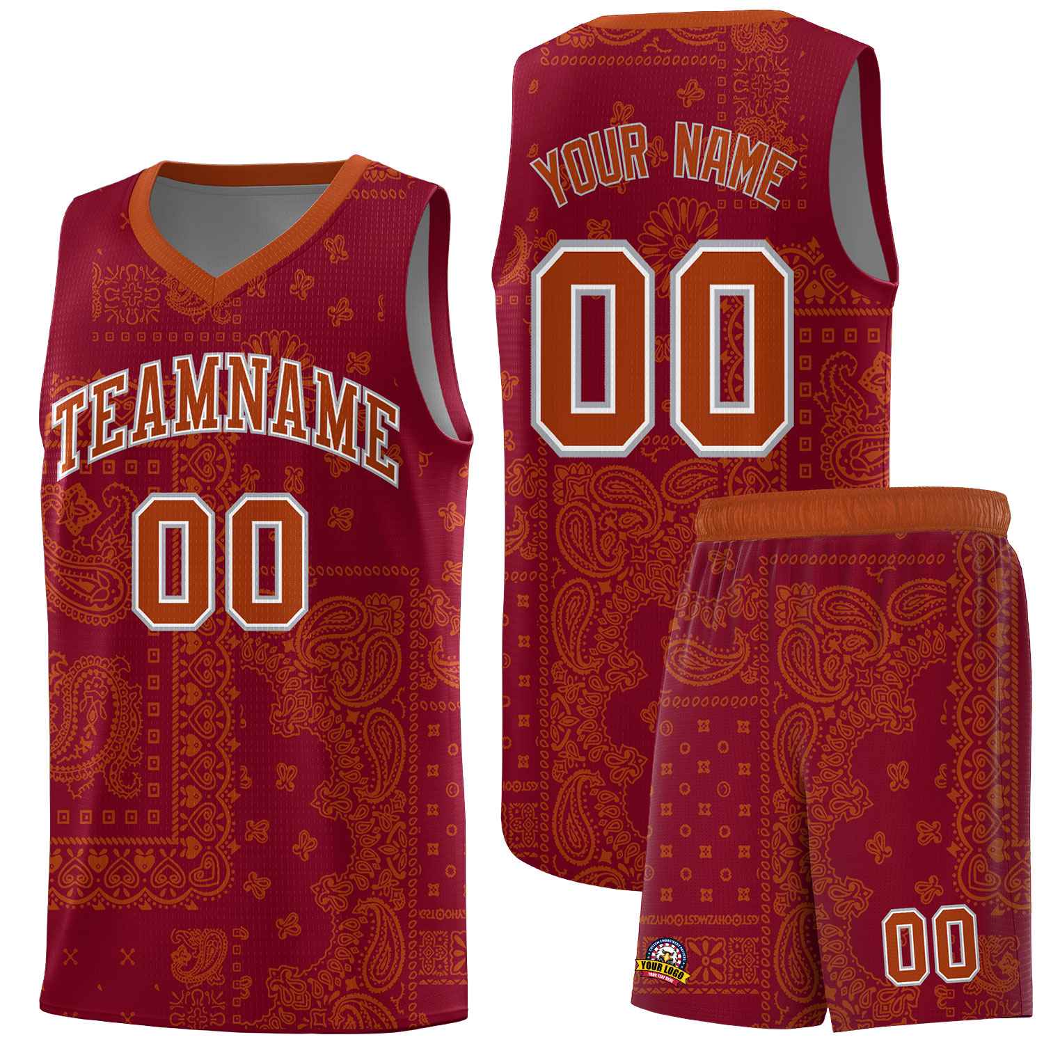 Custom Crimson Basketball Kits With Texas Orange Cashew Flower Print Pattern
