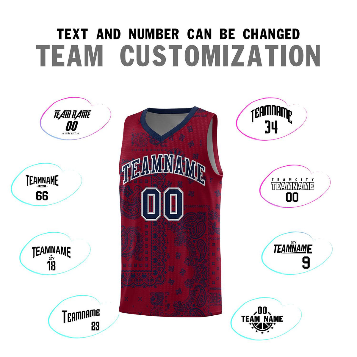 Custom Crimson Basketball Kits With Navy Cashew Flower Print Pattern