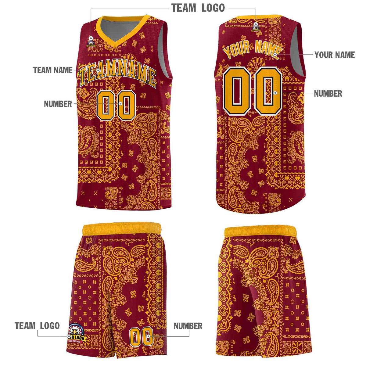 Custom Crimson Basketball Kits With Royal Cashew Flower Print Pattern
