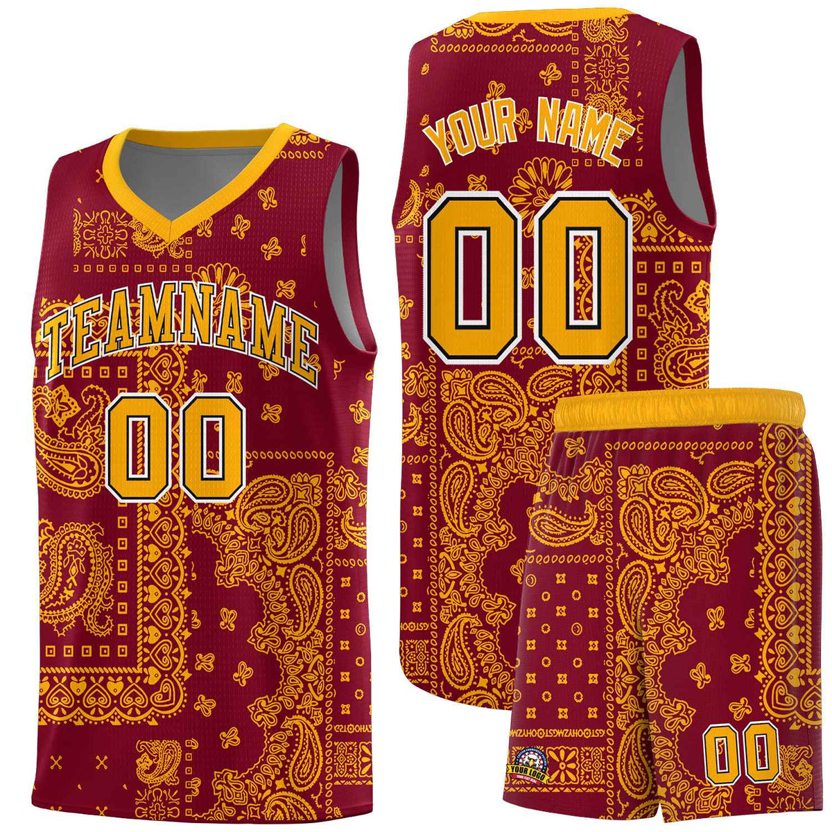 Custom Crimson Basketball Kits With Royal Cashew Flower Print Pattern