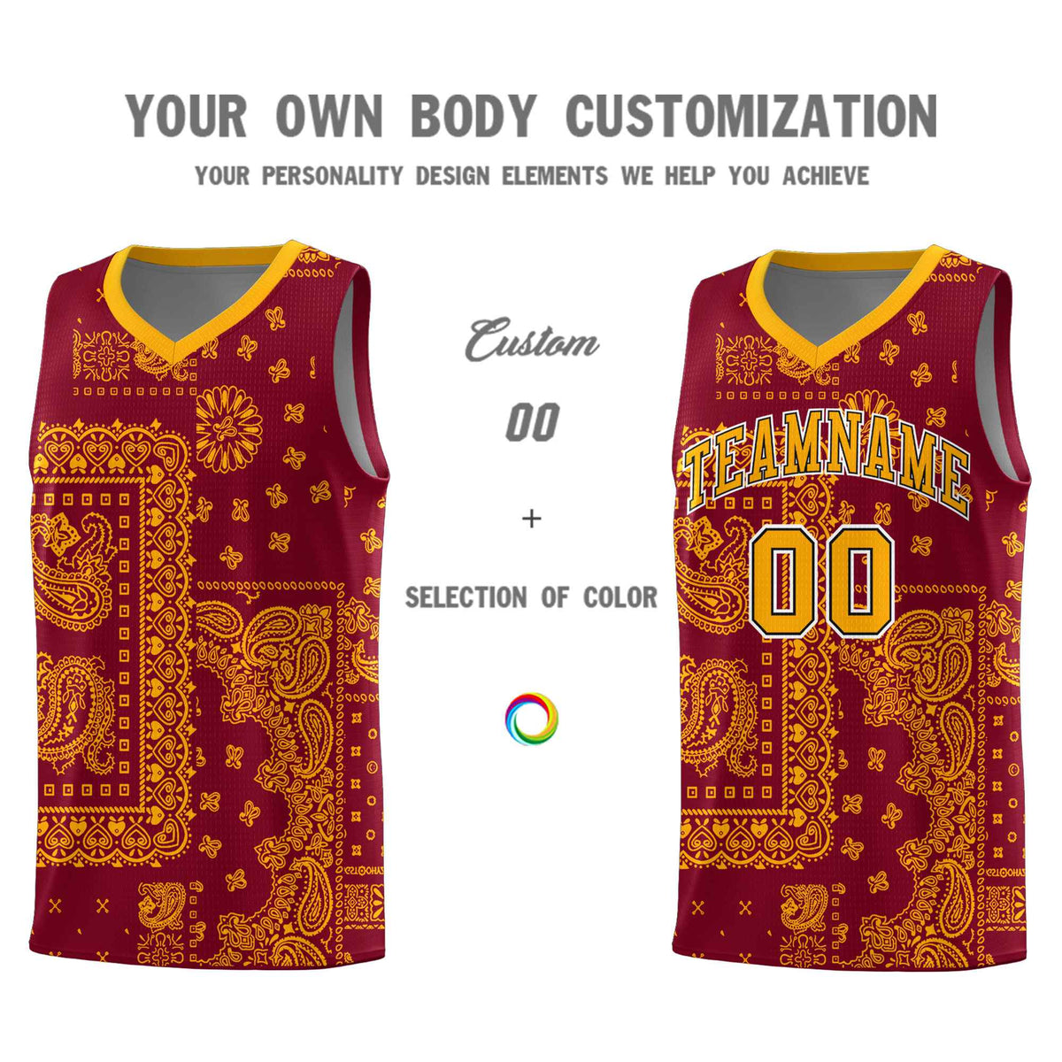 Custom Crimson Basketball Kits With Royal Cashew Flower Print Pattern