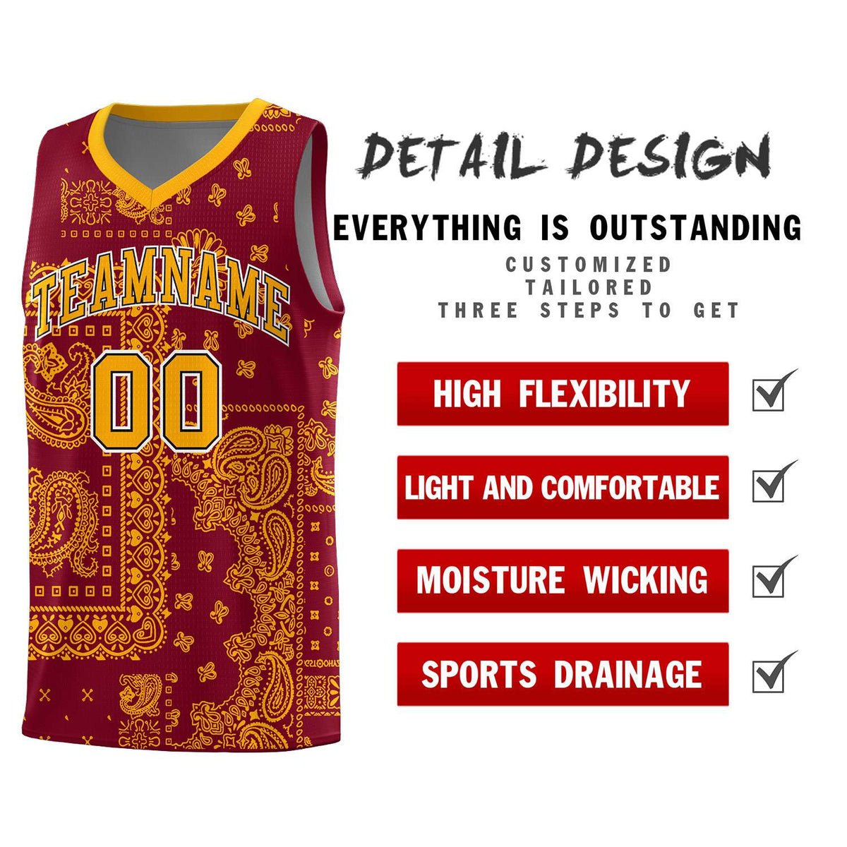 Custom Crimson Basketball Kits With Royal Cashew Flower Print Pattern