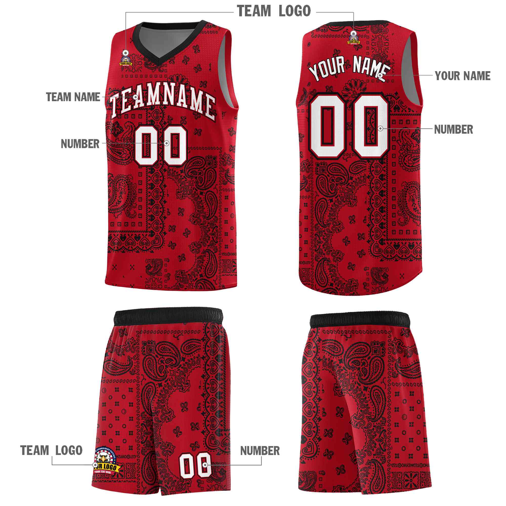 Custom Red Basketball Kits With Black Cashew Flower Print Pattern