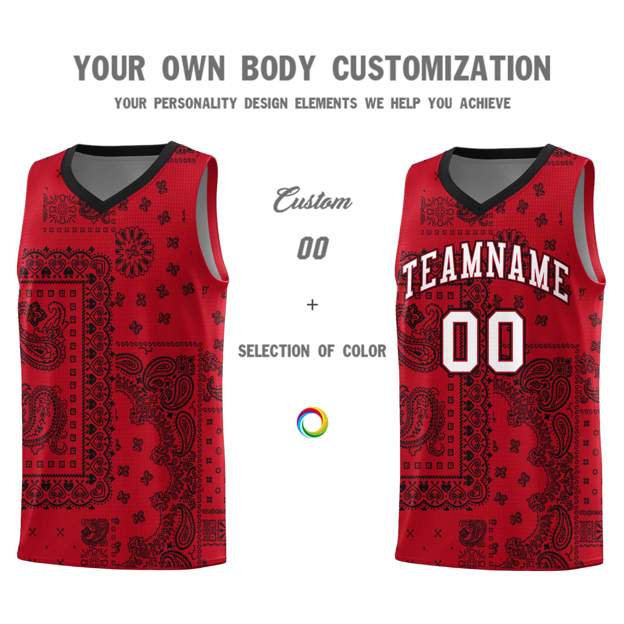 Custom Red Basketball Kits With Black Cashew Flower Print Pattern