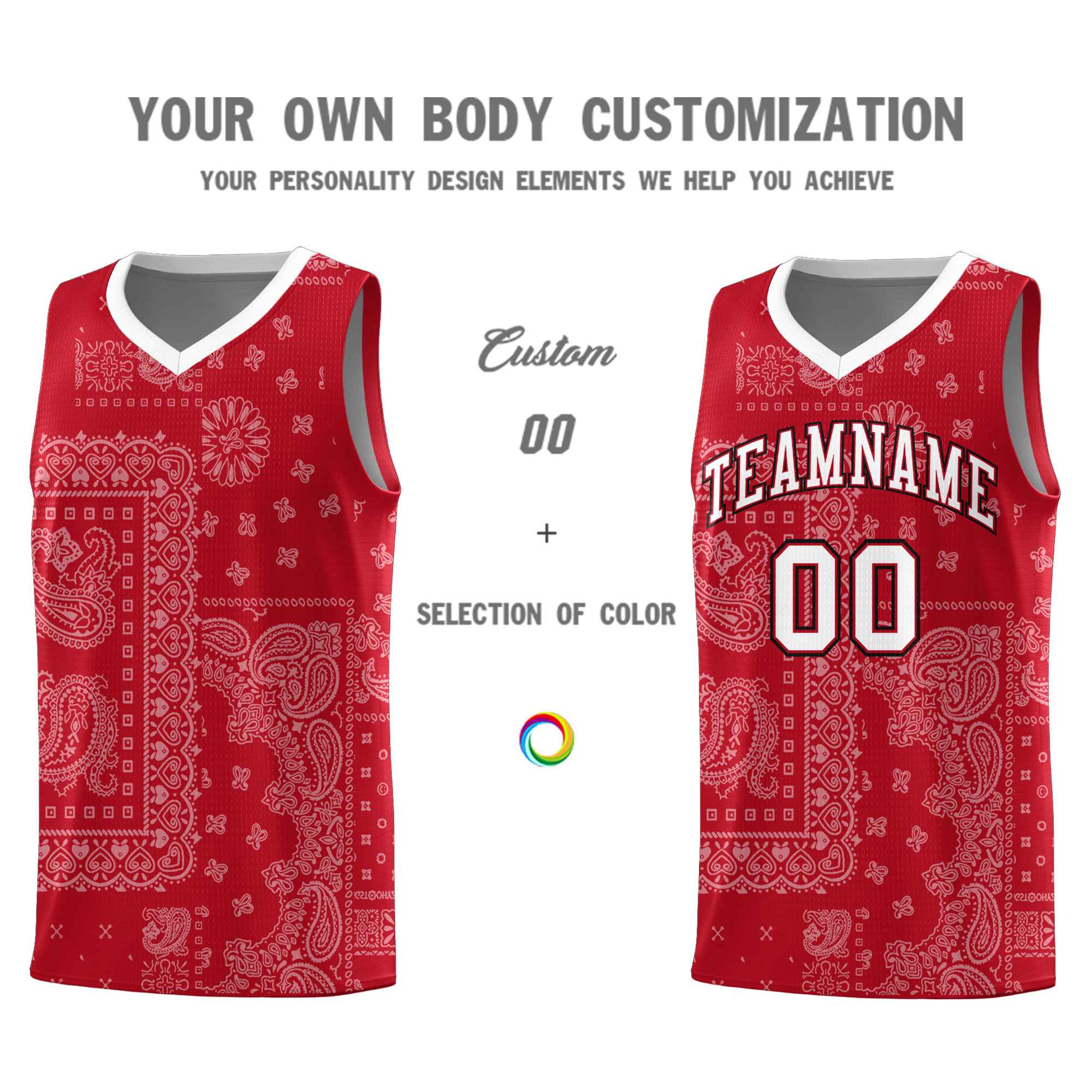 Custom Red Basketball Kits With White Cashew Flower Print Pattern