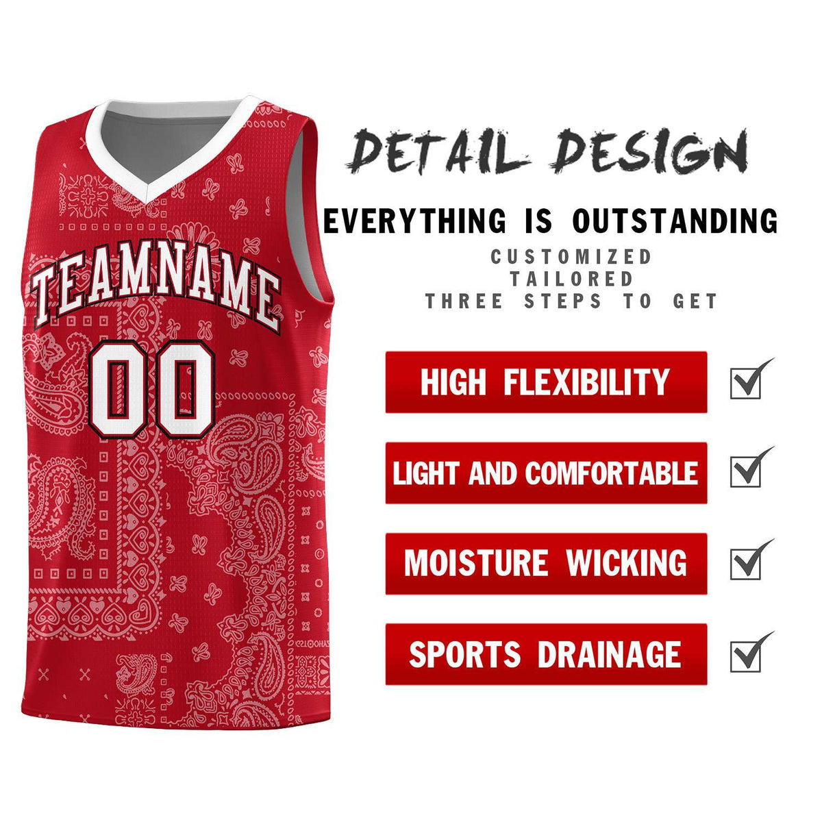 Custom Red Basketball Kits With White Cashew Flower Print Pattern