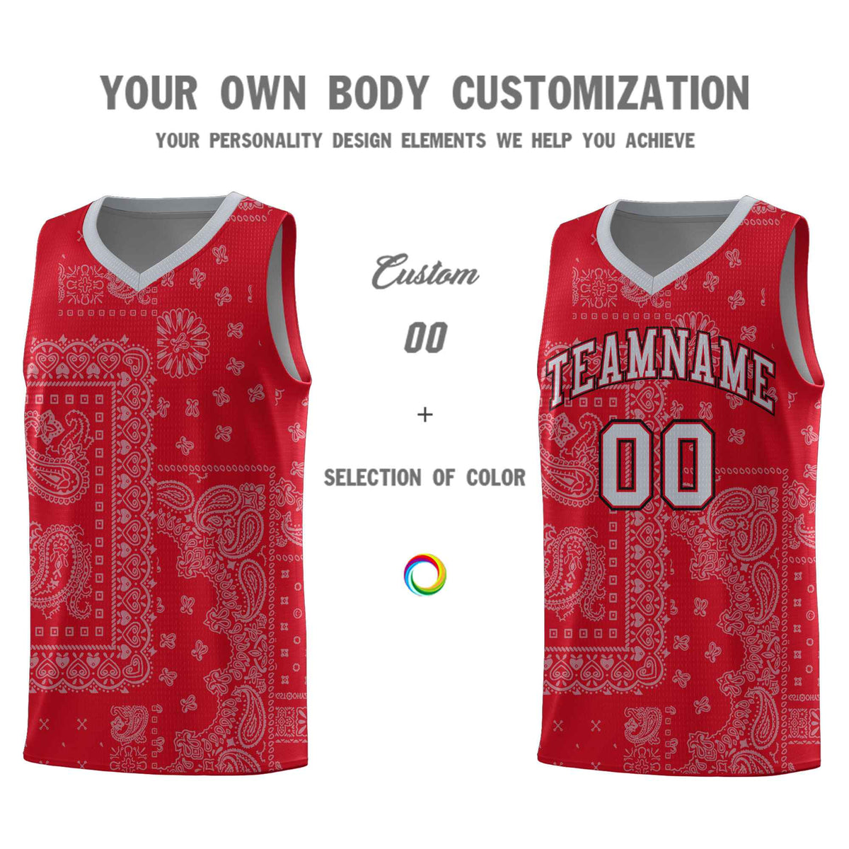 Custom Red Basketball Kits With Silver Gray Cashew Flower Print Pattern