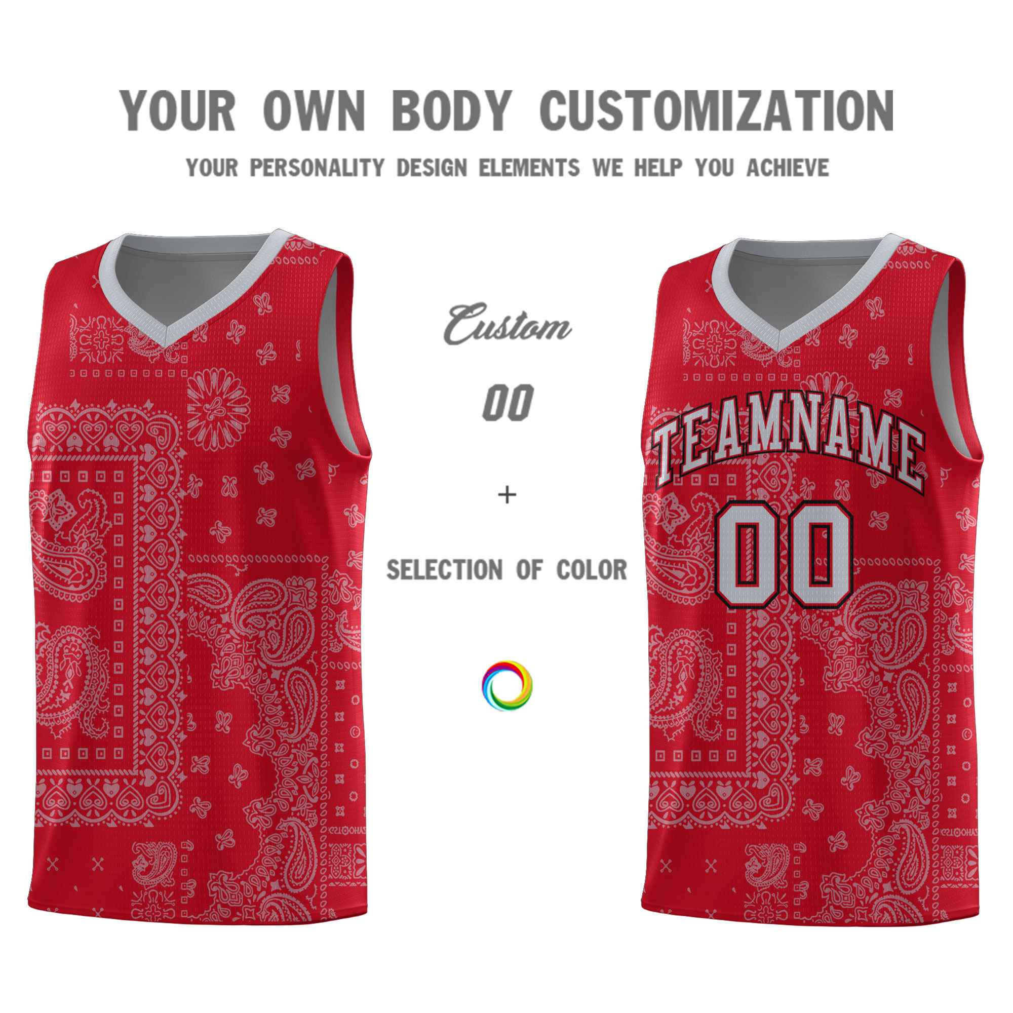 Custom Red Basketball Kits With Silver Gray Cashew Flower Print Pattern