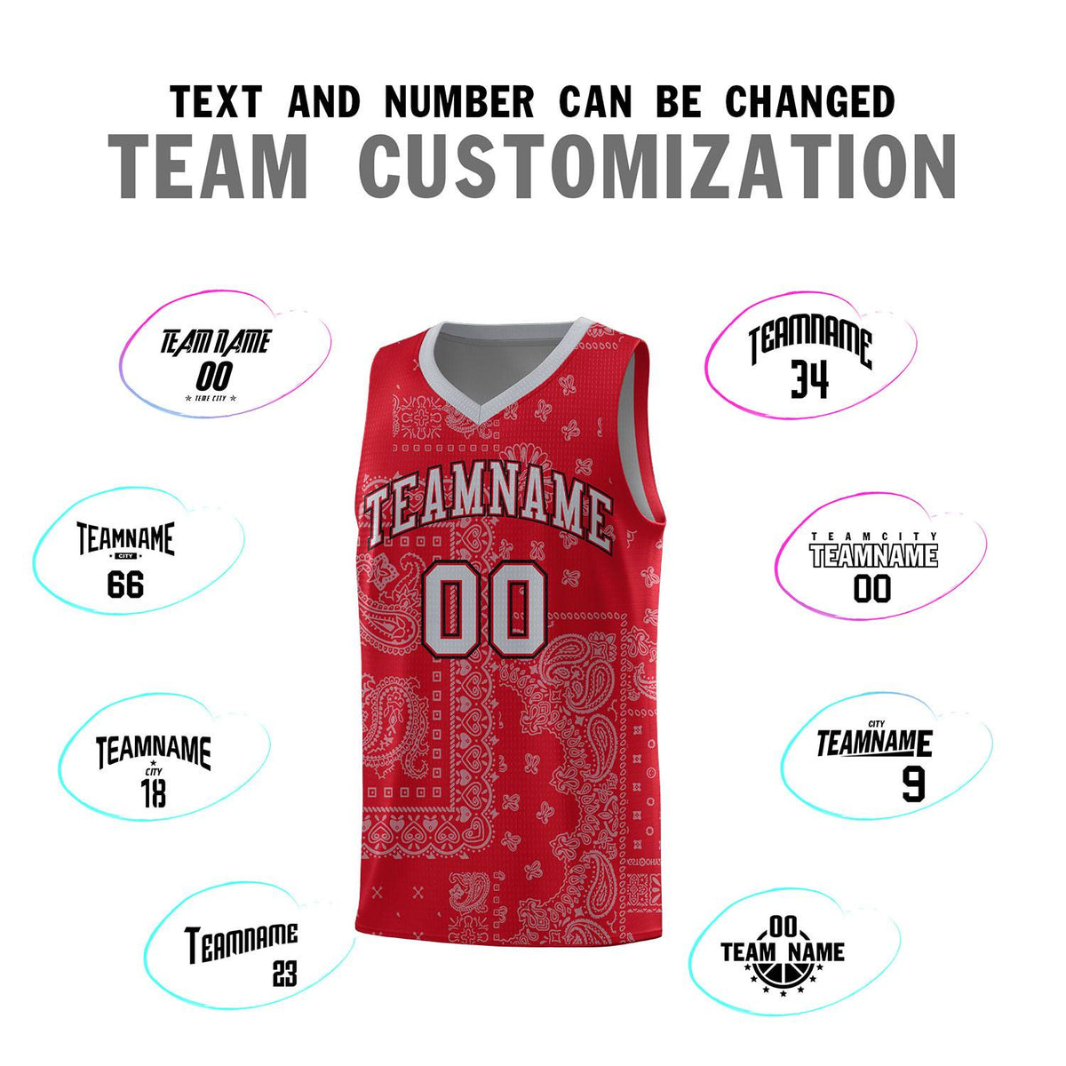 Custom Red Basketball Kits With Silver Gray Cashew Flower Print Pattern