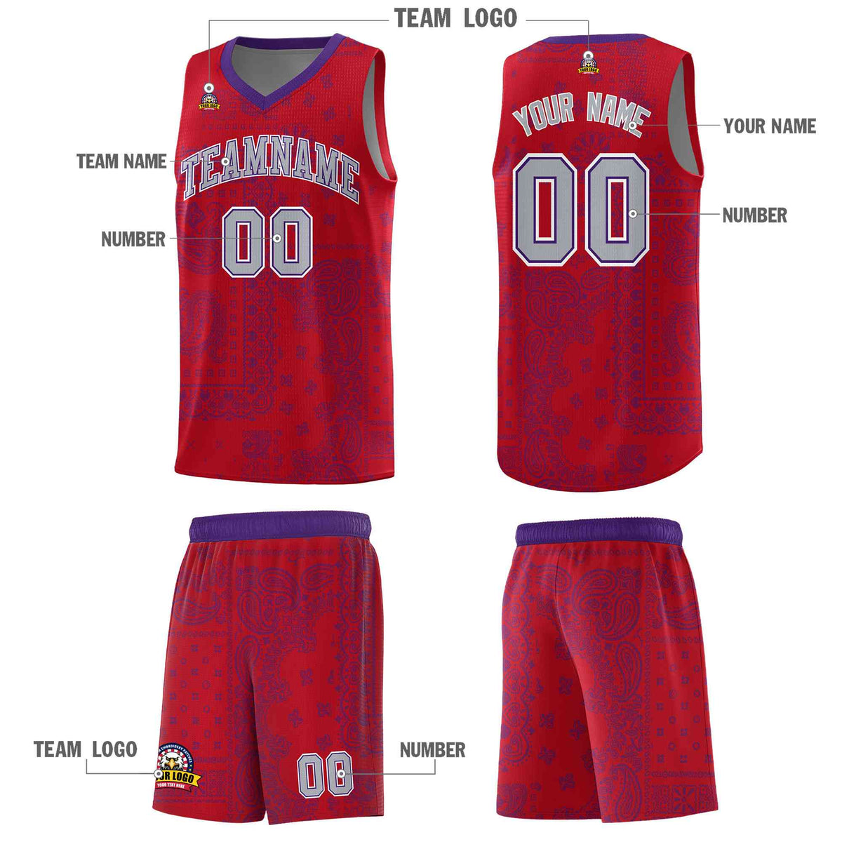 Custom Red Basketball Kits With Purple Cashew Flower Print Pattern