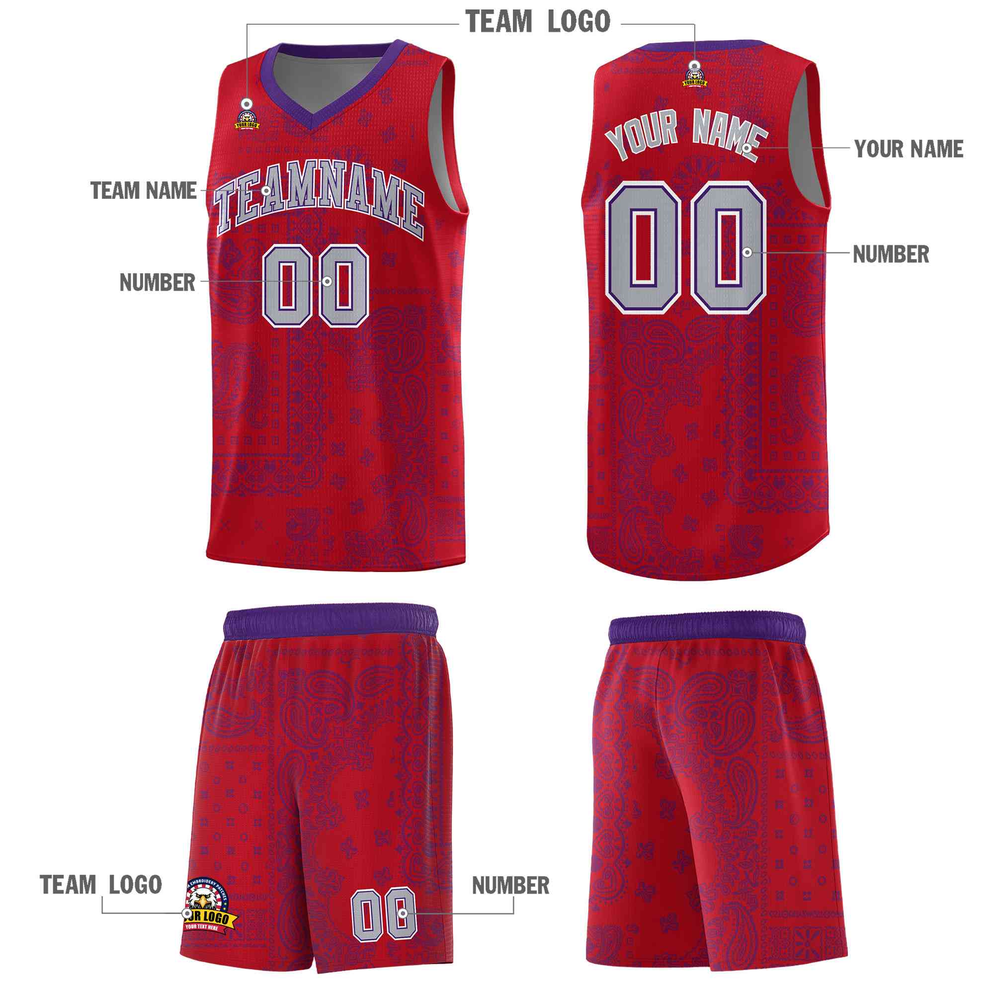 Custom Red Basketball Kits With Purple Cashew Flower Print Pattern
