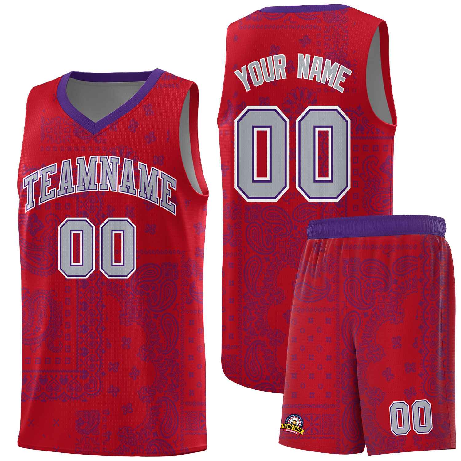 Custom Red Basketball Kits With Purple Cashew Flower Print Pattern