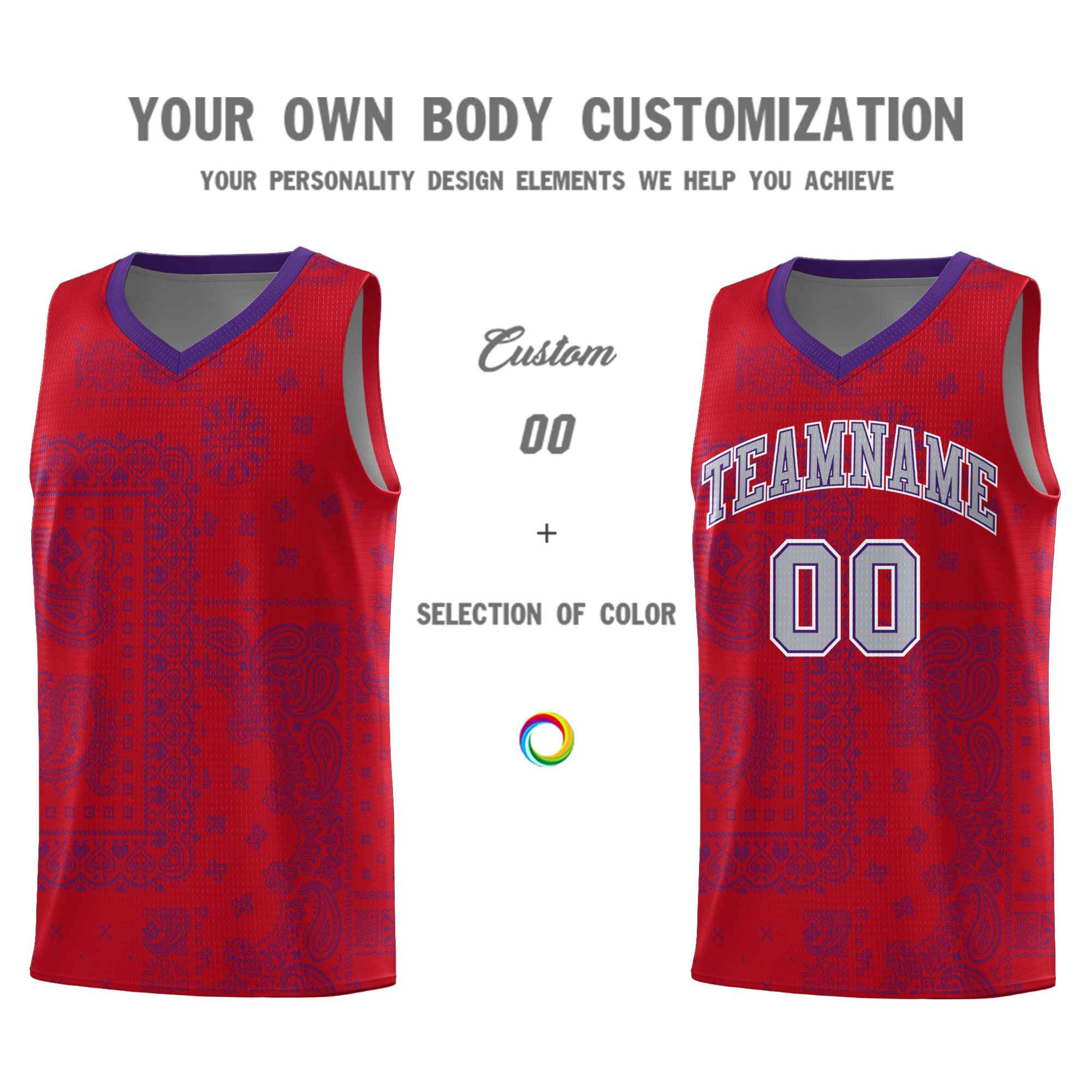 Custom Red Basketball Kits With Purple Cashew Flower Print Pattern