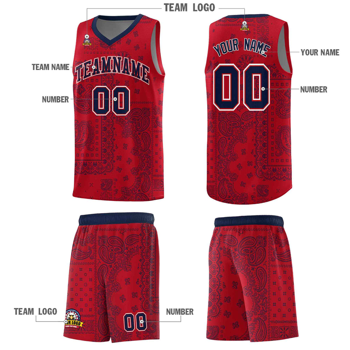 Custom Red Basketball Kits With Navy Cashew Flower Print Pattern
