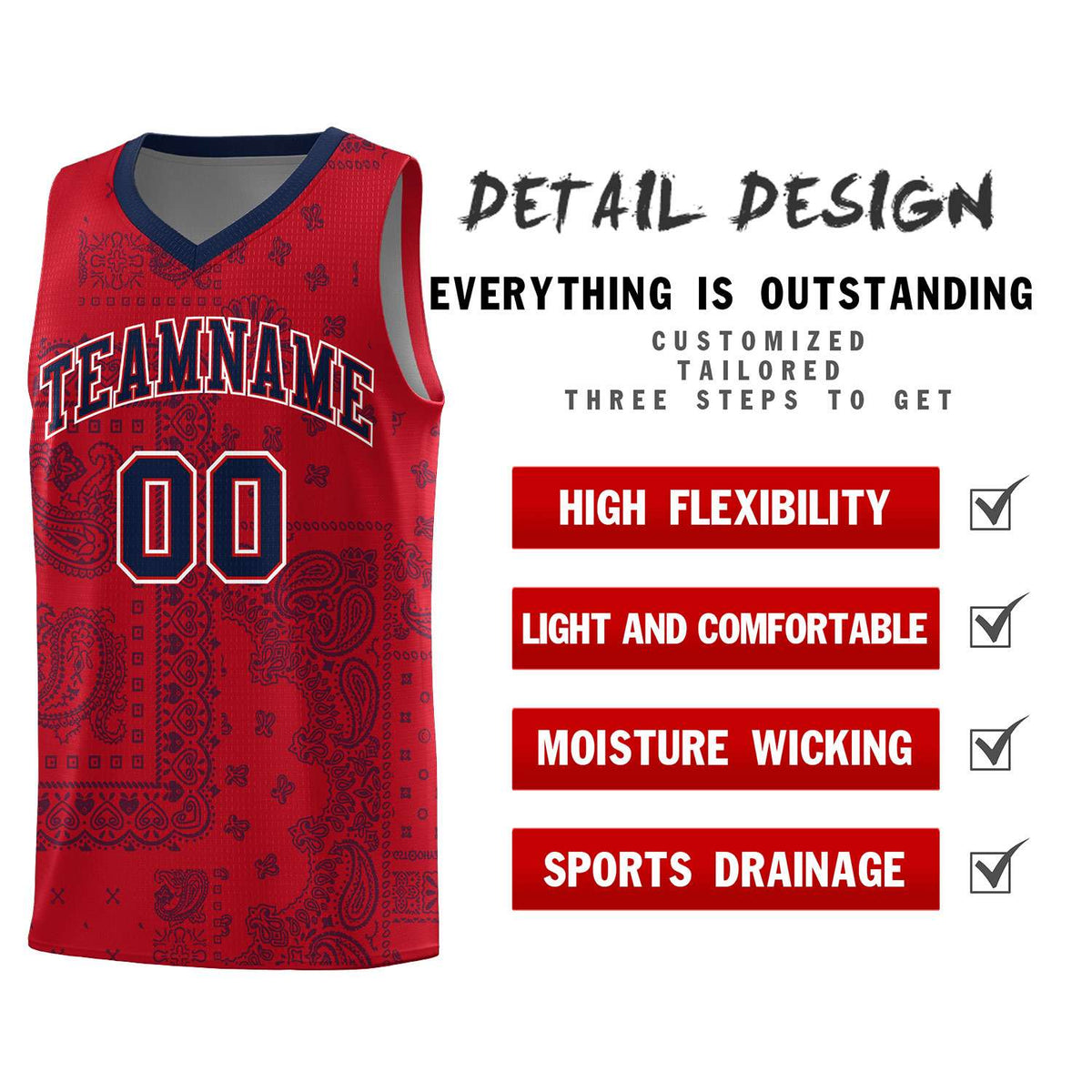Custom Red Basketball Kits With Navy Cashew Flower Print Pattern