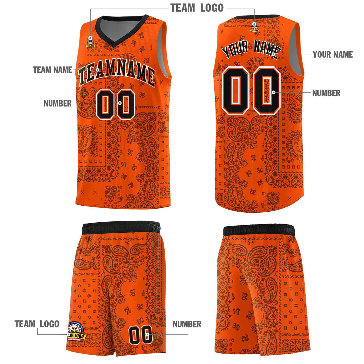 Custom Orange Basketball Kits With Black Cashew Flower Print Pattern